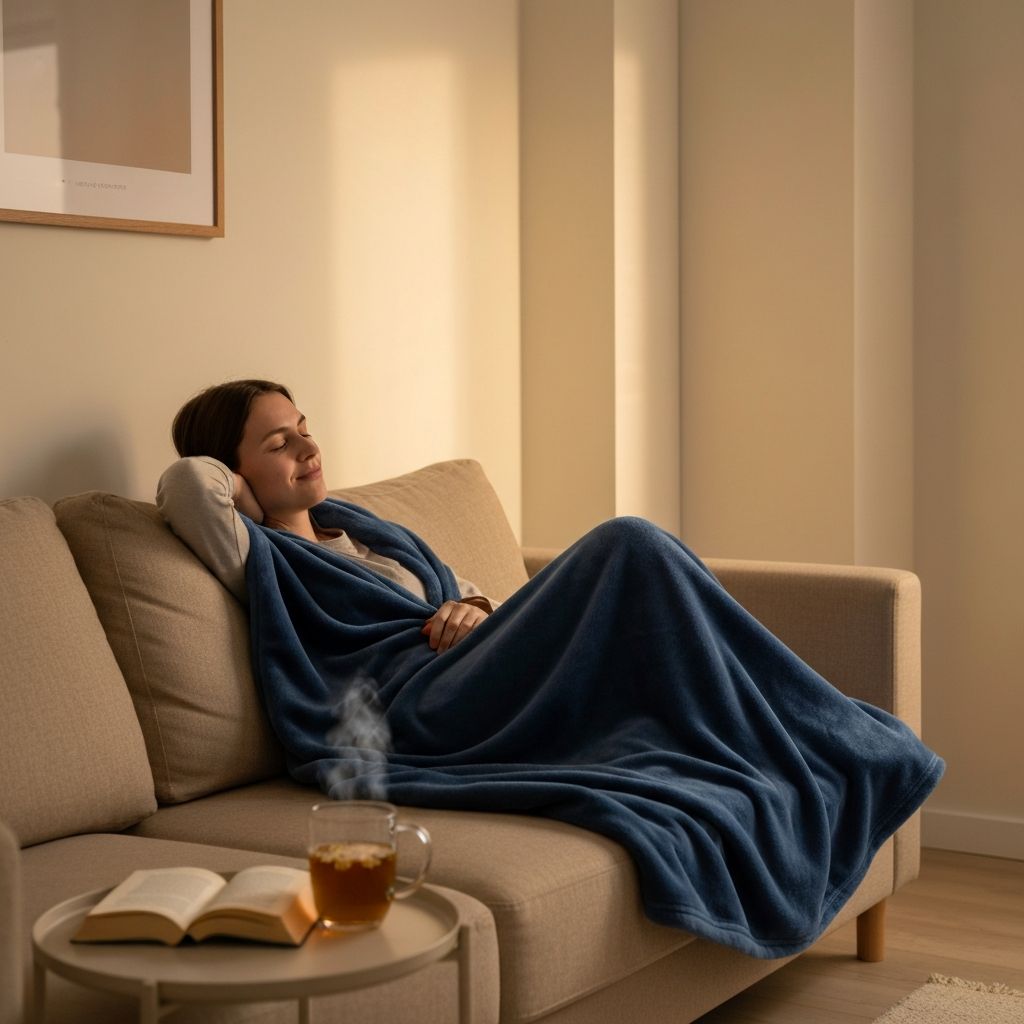 Person relaxing in evening with warm tea and book on cozy sofa, peaceful end-of-day scene
