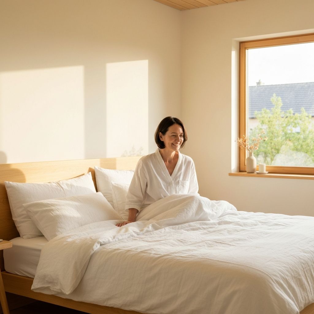 Peaceful minimalist bedroom with person waking to natural morning light, quality sleep environment