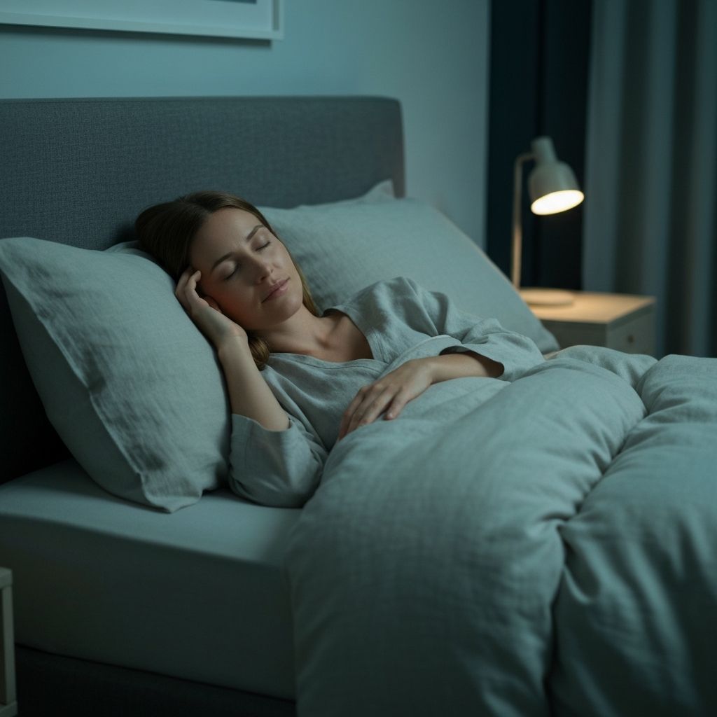 Woman peacefully sleeping in comfortable bed with soft natural bedding in serene bedroom